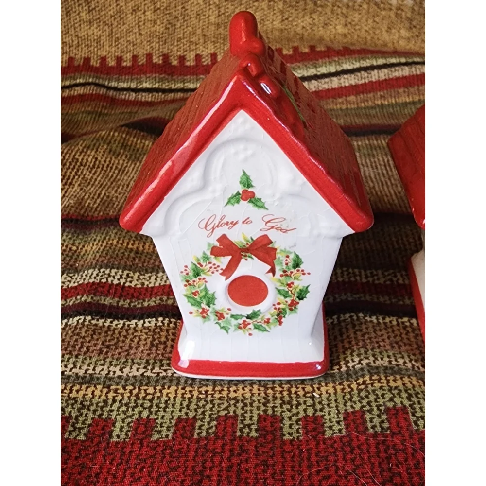 Salt‎ and Pepper Shakers Birdhouses Says Glory to God Religious red and White